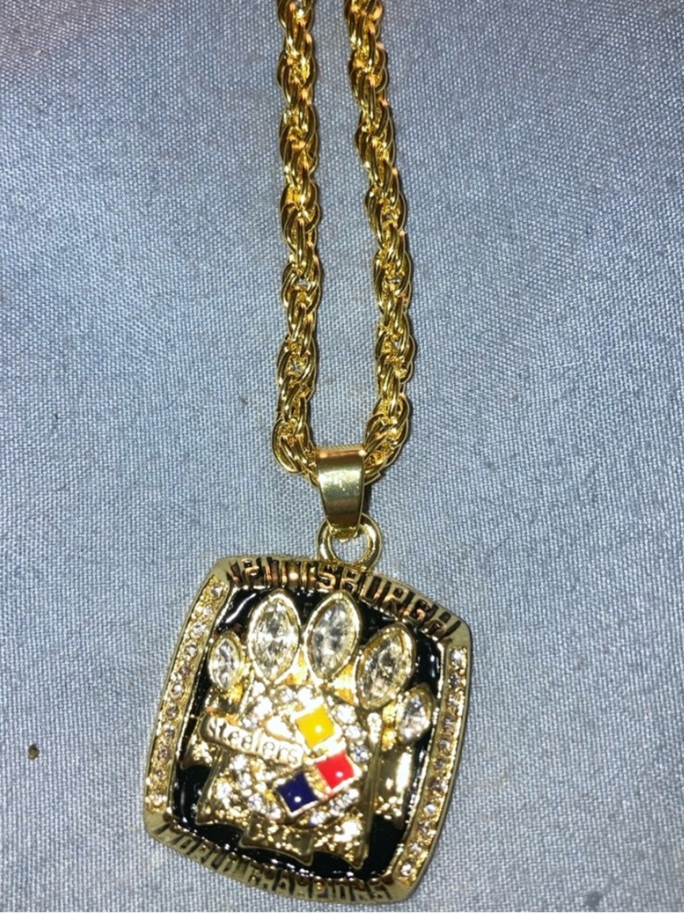 Pittsburgh Steelers Gold Tone Crown Pendant Necklace with Black